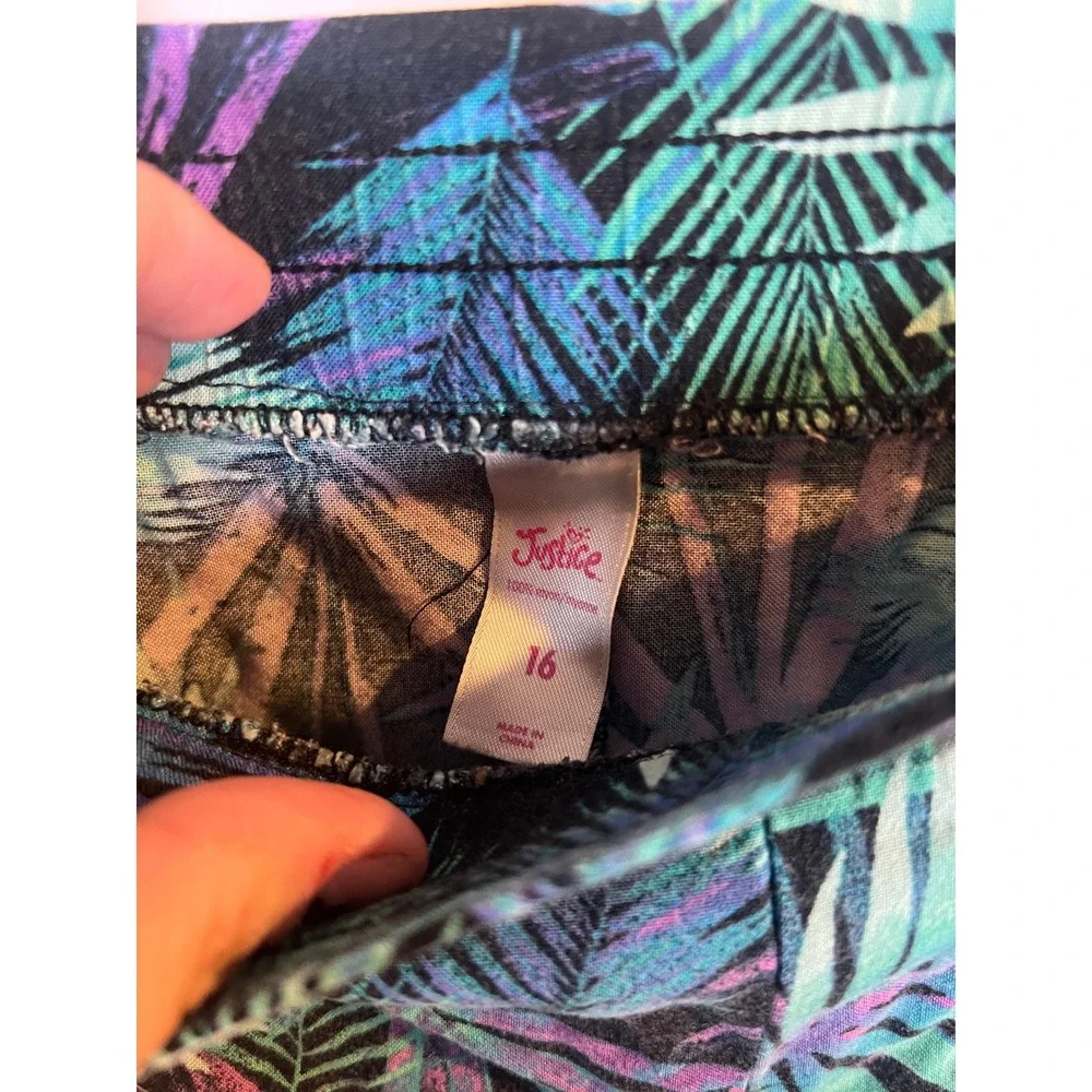 Justice Girls Shorts Tropical Palm Leaf Print Purple Teal Size 16